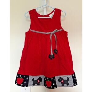Vintage Corduroy Dress Toddler Girls 4T Red Scottie Dog Cottagecore Applique 90s